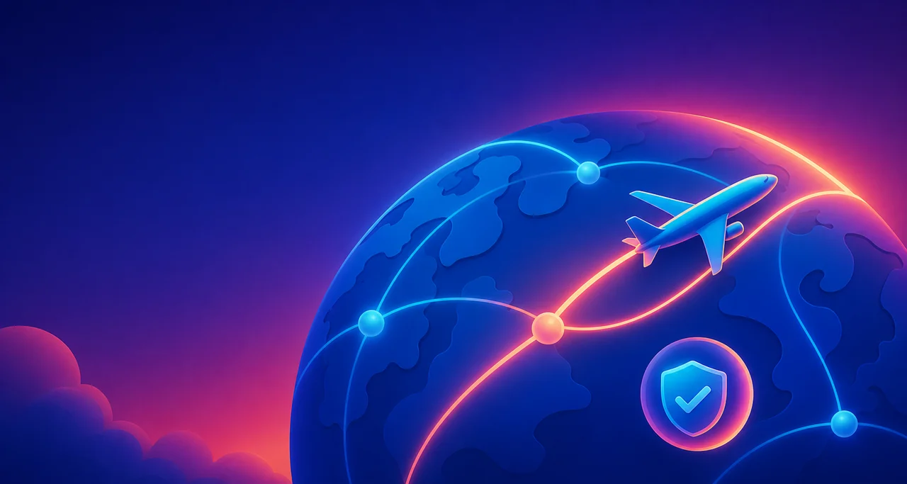 A connected globe with an aircraft, route markers, and a confirmation shield