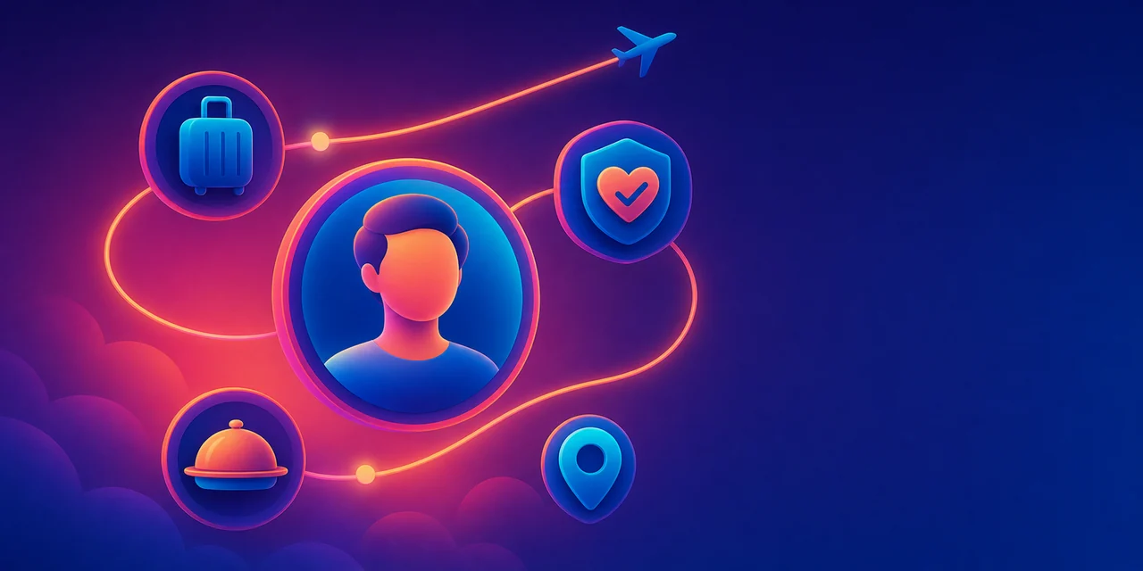 A traveller surrounded by symbols for care, luggage, meals, and destination support